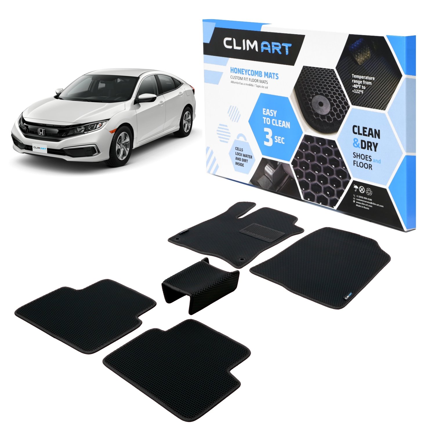 CLIM ART Honeycomb Custom Fit Floor Mats for 2016-2021 Honda Civic