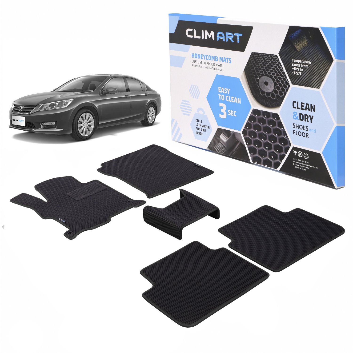 CLIM ART Honeycomb Custom Fit Floor Mats for 2013-2017 Honda Accord Sedan