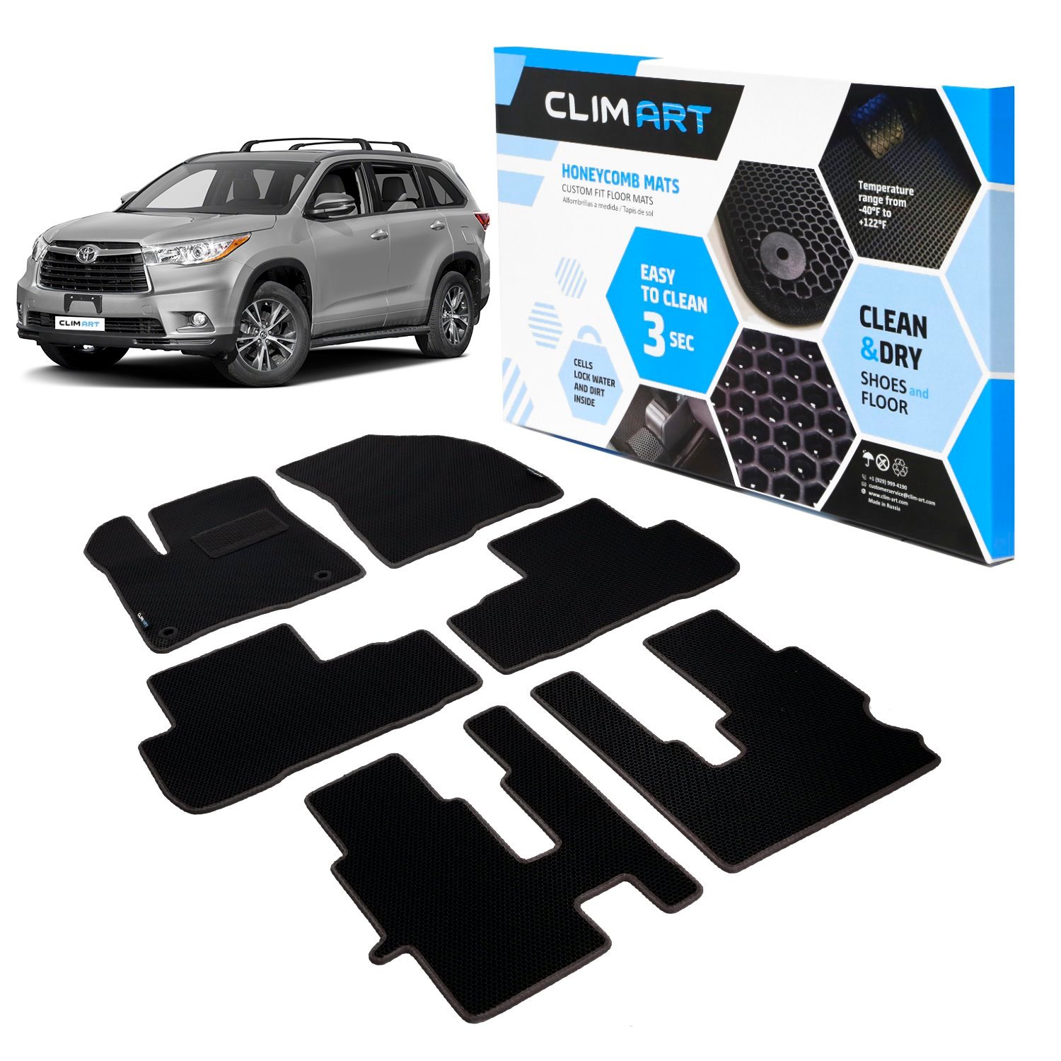 CLIM ART Honeycomb Custom Fit Floor Mats for 2014-2019 Toyota Highlander
