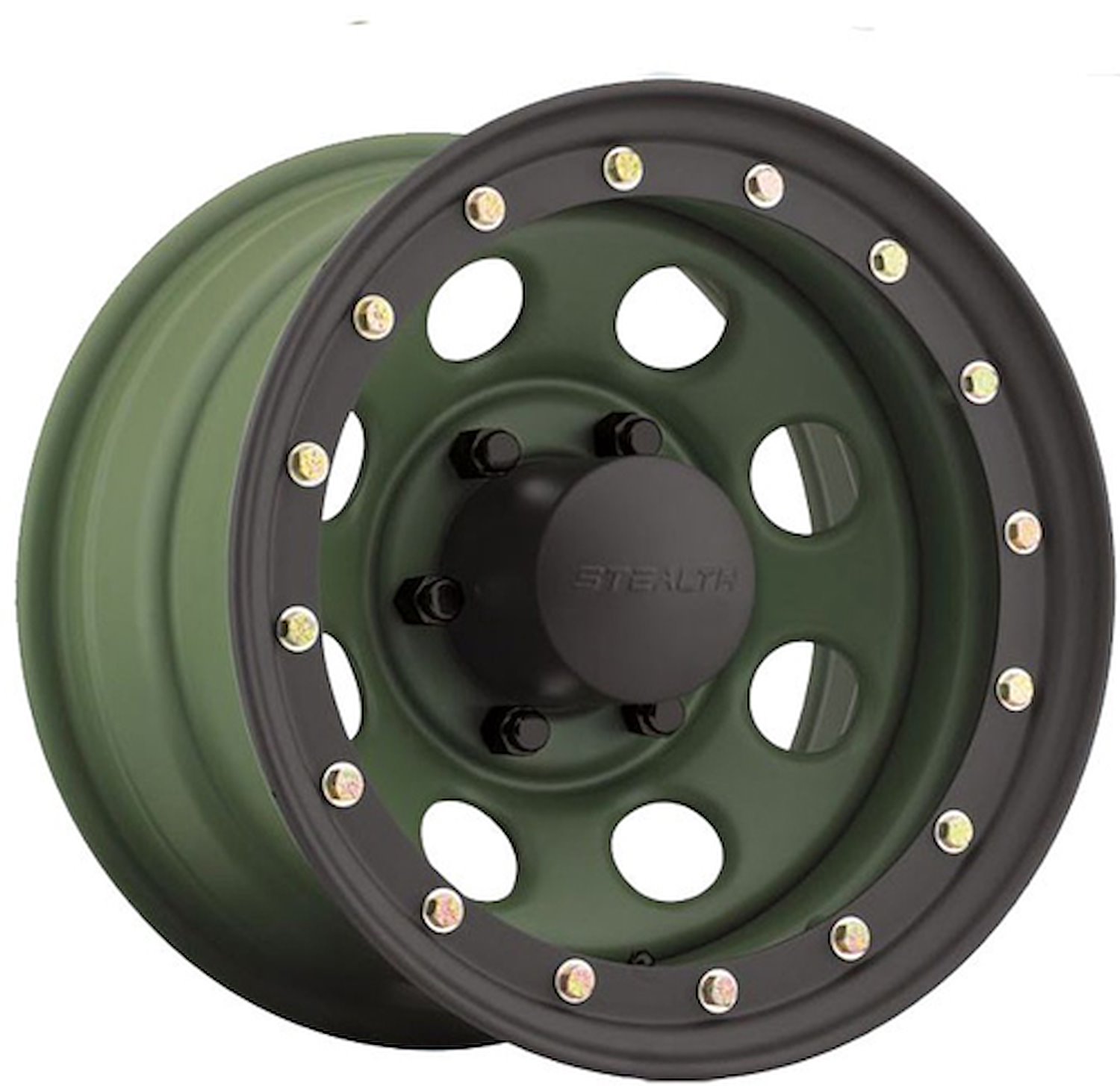 Simulated Beadlock Stealth Camo Green Crawler Wheel (Series 046) Size: 15" x 7"