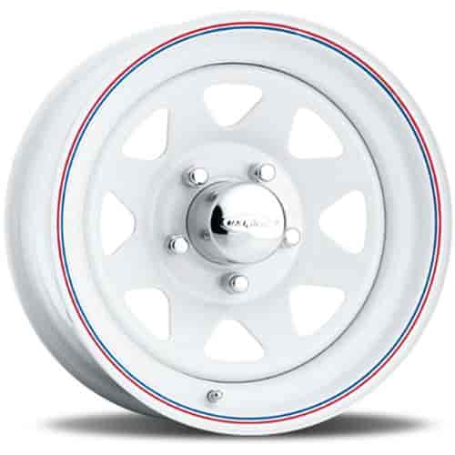 WHITE 8SPOKE 14 x 6 5 x 45 Bolt Circle 35 Back Spacing 0 offset 33 Center Bore 1400 lbs Load Rating