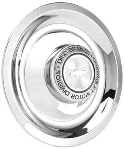 Disc Brake Center Cap with Chrome Steel Base and DISK BRAKE CHEVROLET MOTOR DIVISION with Bow Tie Cap, Fits: Rallye Wheels