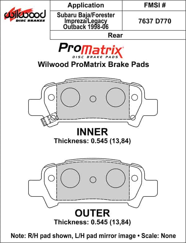 ProMatrix Rear Brake Pads Calipers: 1998-2006 Subaru