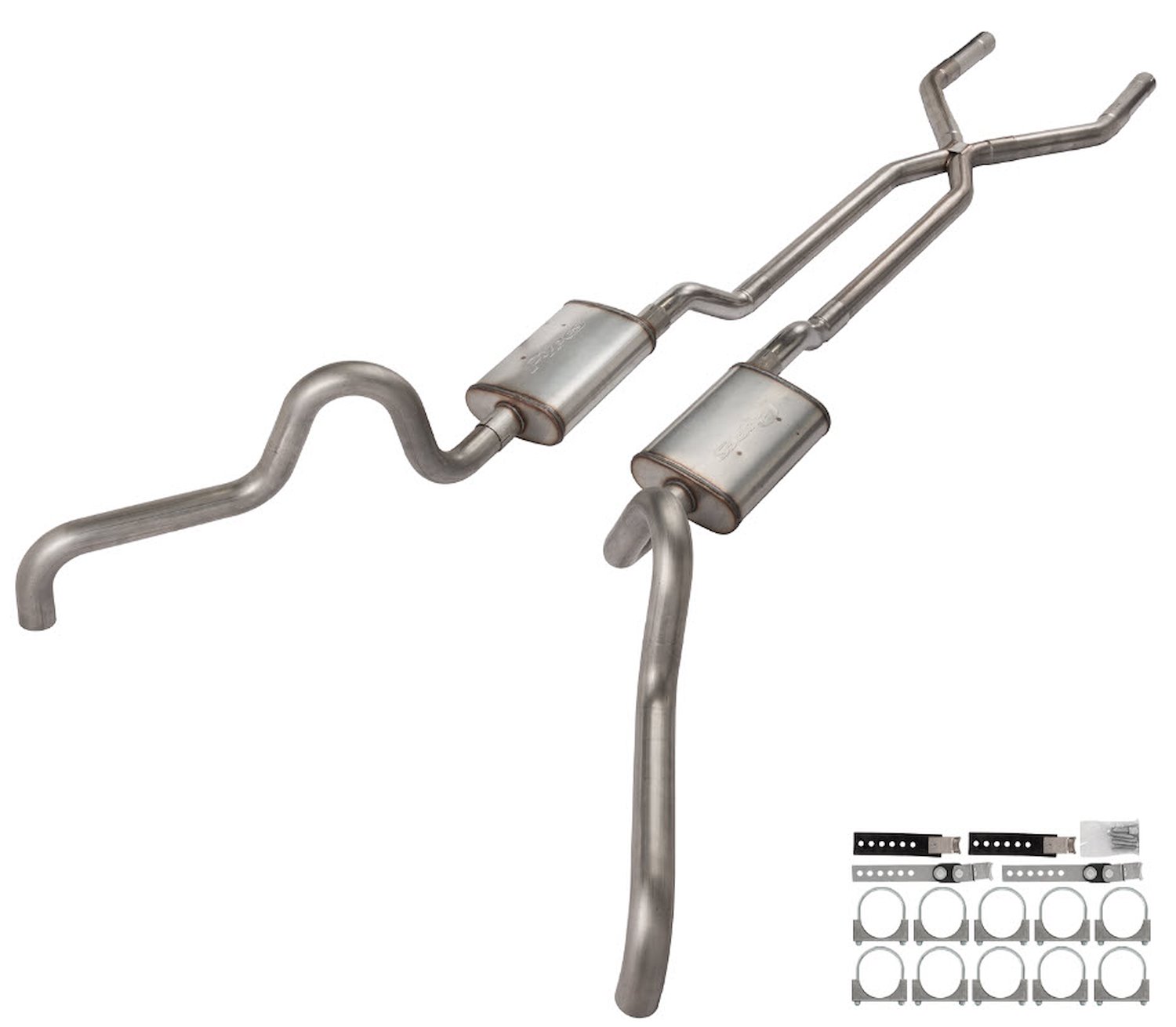 SFF10T Crossmember Back Stainless Dual Exhaust System w/X-Pipe for 1966-1971 Ford Fairlane [Quarter Panel Exit]
