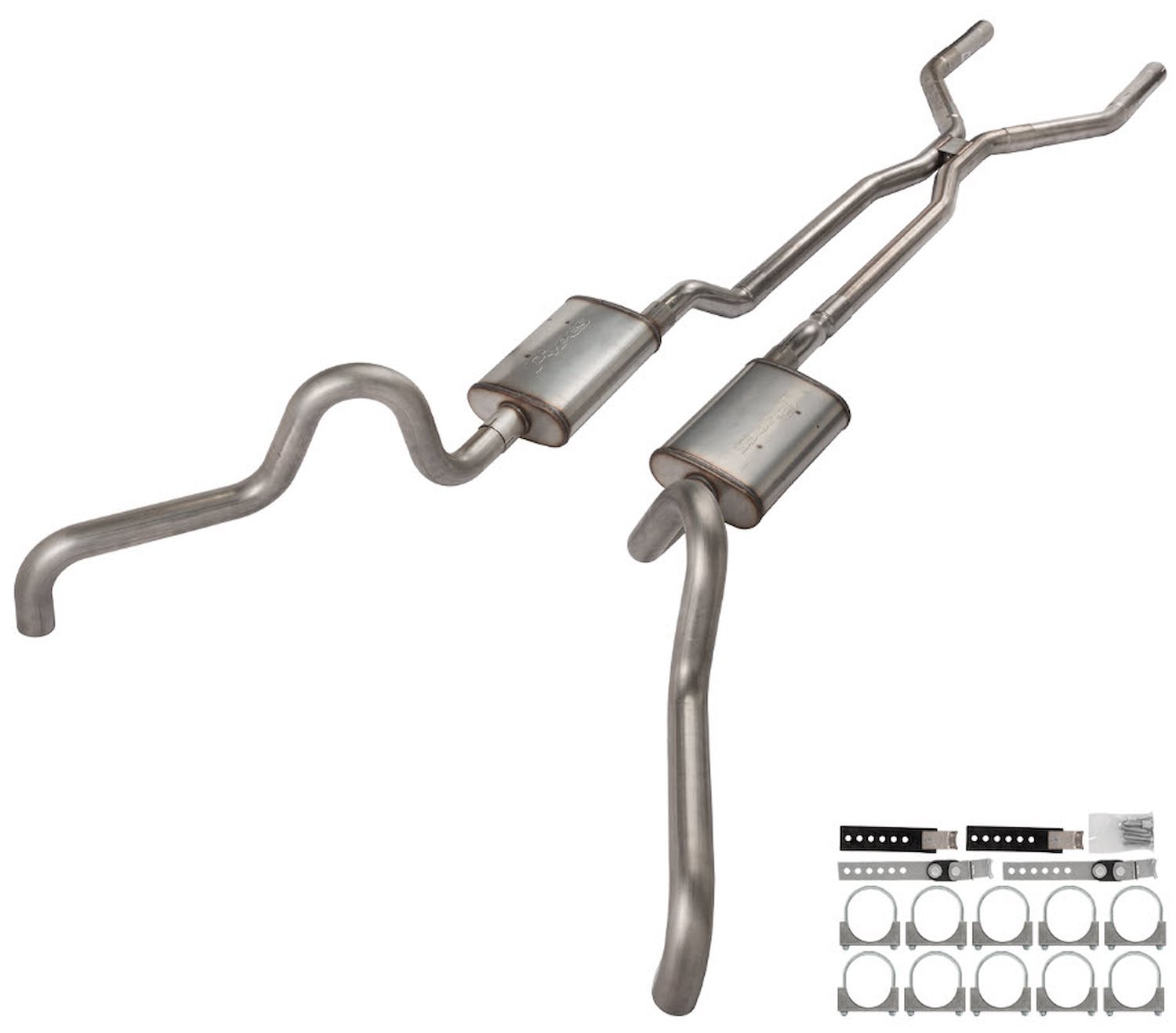 SFF40T Crossmember Back Stainless Dual Exhaust System w/H-Pipe for 1966-1971 Ford Fairlane [Quarter Panel Exit]