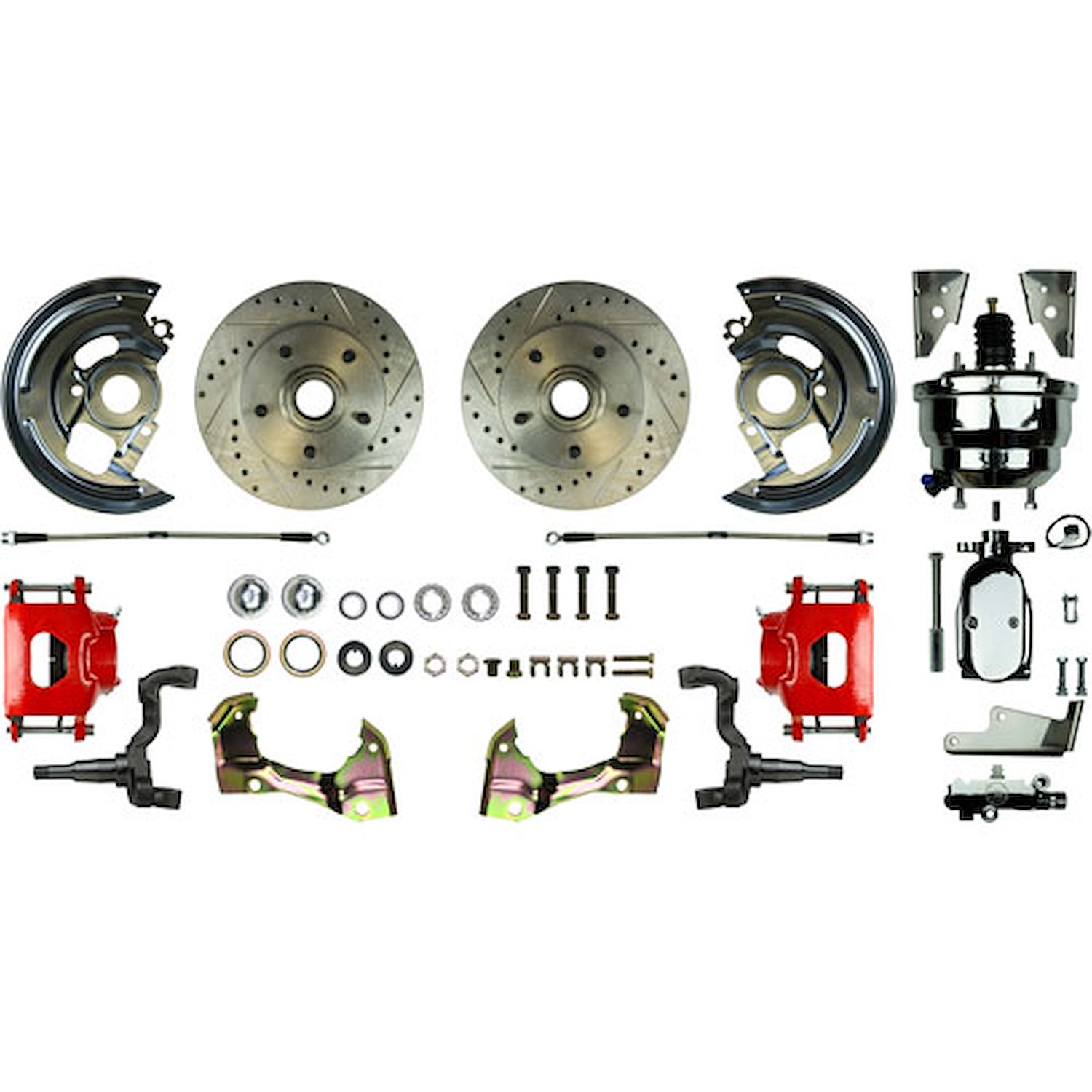 64 - 72 A Body Front Wheel Power Disc Conversion w/ Braided Stainless Red Powder Coated calipers Dri