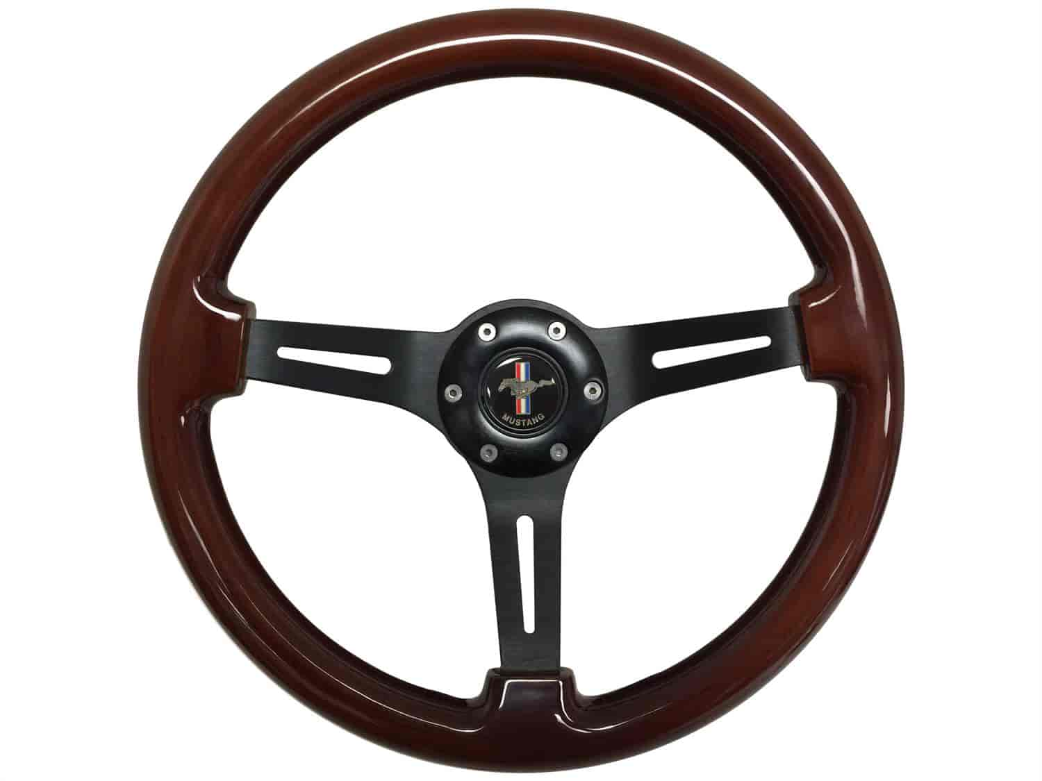 S6 Sport Steering Wheel Kit for 1984-1994 Ford Mustang, 14 in. Diameter, Mahogany Wood Grip, with 6-Bolt Adapter and Horn Button