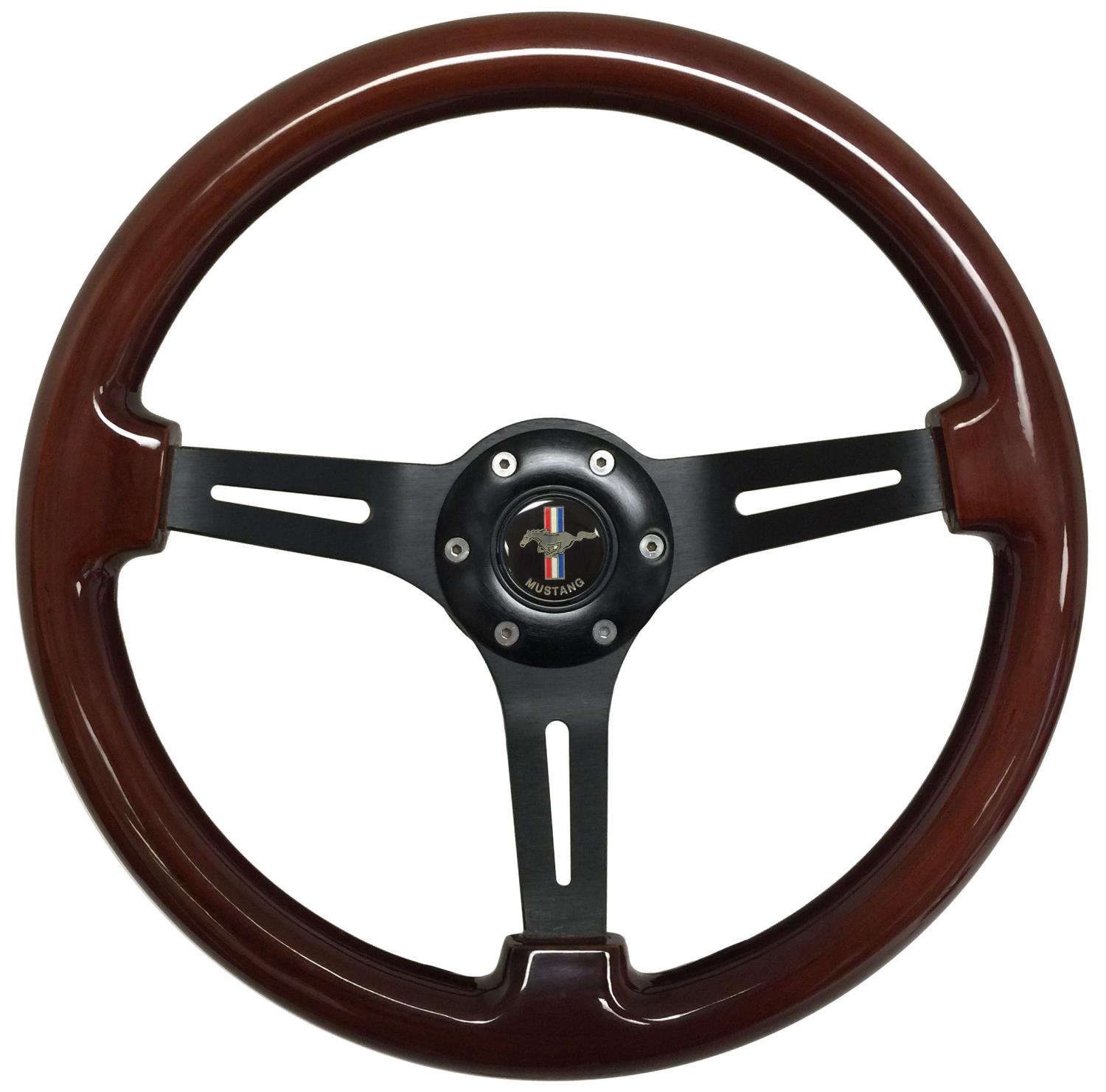 S6 Sport Steering Wheel Kit for 1979-1982 Ford Mustang, 14 in. Diameter, Mahogany Wood Grip, with 6-Bolt Adapter and Horn Button