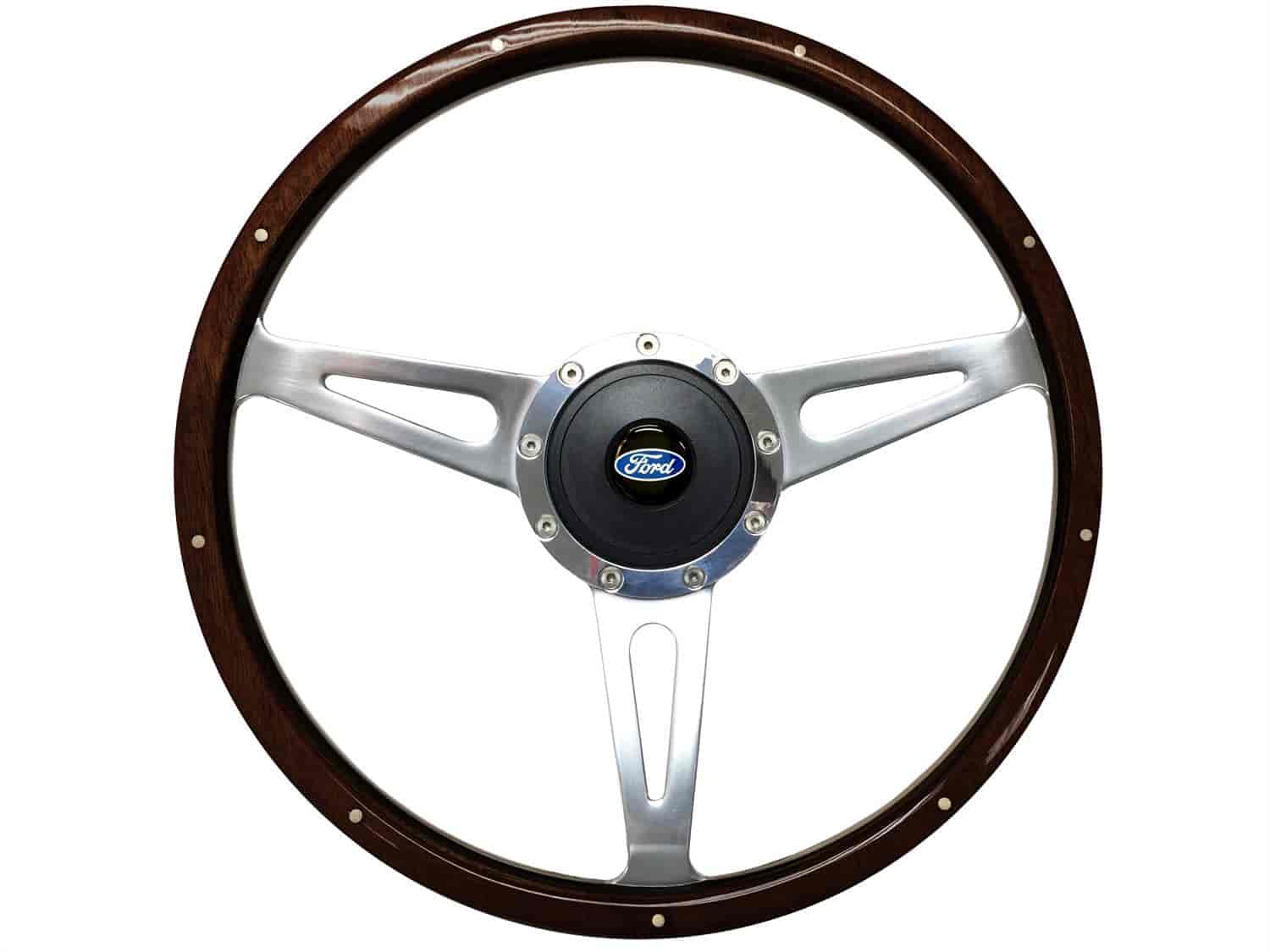 S9 Classic Steering Wheel Kit 1964-72 Ford/Mercury, 15 in. Diameter, Espresso Stained Wood Grip, w/ 9-Bolt Adapter & Horn Button