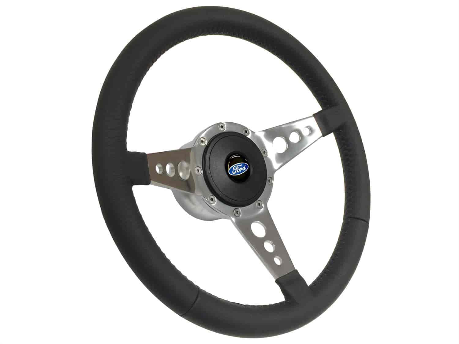 S9 Sport Steering Wheel Kit 1968-1991 Ford/Mercury, 14 in. Diameter, Premium Black Leather Grip, w/ 9-Bolt Adapter & Horn Button