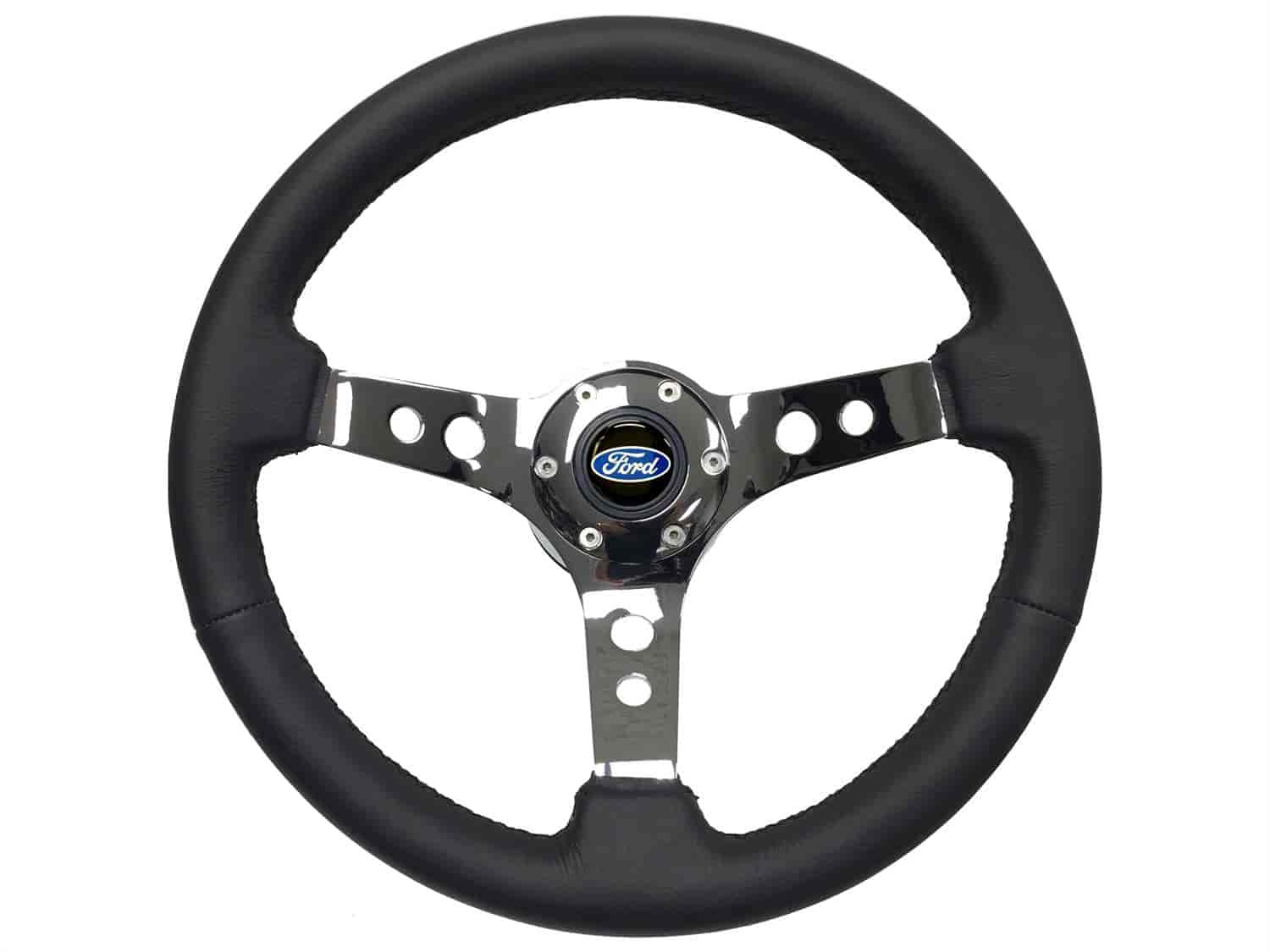 S6 Sport Steering Wheel Kit for 1964-1972 Ford/Mercury, 14 in. Diameter, Black Leather Grip, with 6-Bolt Adapter and Horn Button