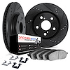 8612-16005 Drilled/Slotted Brake Rotors w/5000 Euro Ceramic Brake Pads Kit & Hardware [Black], 2017-2021 Alfa Romeo, Position: F