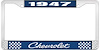 1947 Chevrolet Blue And Chrome License Plate Frame With White Lettering - image 1