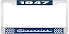 1947 Chevrolet Blue And Chrome License Plate Frame With White Lettering - image 1