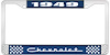 1949 Chevrolet Blue And Chrome License Plate Frame With White Lettering - image 1