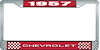 1957 Chevrolet Red And Chrome License Plate Frame With White Lettering - image 1