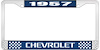 1957 Chevrolet Blue And Chrome License Plate Frame With White Lettering - image 1