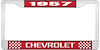 1957 Chevrolet Red And Chrome License Plate Frame With White Lettering - image 1