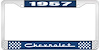 1957 Chevrolet Blue And Chrome License Plate Frame With White Lettering - image 1