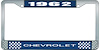 1962 Chevrolet Blue And Chrome License Plate Frame With White Lettering - image 1