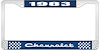 1983 Chevrolet Blue And Chrome License Plate Frame With White Lettering - image 1