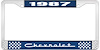 1987 Chevrolet Blue And Chrome License Plate Frame With White Lettering - image 1