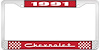 1991 Chevrolet Red And Chrome License Plate Frame With White Lettering - image 1