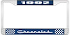 1992 Chevrolet Blue And Chrome License Plate Frame With White Lettering - image 1
