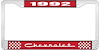 1992 Chevrolet Red And Chrome License Plate Frame With White Lettering - image 1
