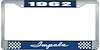 1962 Impala Blue And Chrome License Plate Frame With White Lettering - image 1