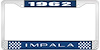 1962 Impala Blue And Chrome License Plate Frame With White Lettering - image 1