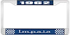 1962 Impala Blue And Chrome License Plate Frame With White Lettering - image 1