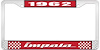 1962 Impala Red And Chrome License Plate Frame With White Lettering - image 1
