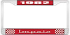 1982 Impala Red And Chrome License Plate Frame With White Lettering - image 1