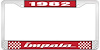 1982 Impala Red And Chrome License Plate Frame With White Lettering - image 1