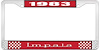 1983 Impala Red And Chrome License Plate Frame With White Lettering - image 1
