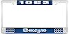 1962 Biscayne Blue And Chrome License Plate Frame With White Lettering - image 1
