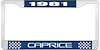 1981 Caprice Blue And Chrome License Plate Frame With White Lettering - image 1