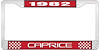 1982 Caprice Red And Chrome License Plate Frame With White Lettering - image 1