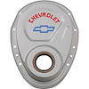 Small Block Chevy Timing Chain Cover with Embossed Blue Bowtie & Red Chevrolet Emblem in Metallic Gray Finish - image 1