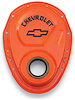 Small Block Chevy Timing Chain Cover with Embossed Black Bowtie & Chevrolet Emblem in Chevy Orange Finish