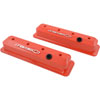 Slant-Edge Tall Cast Aluminum Valve Covers for 1987-Pre LS Small Block Chevy [Orange, Raised Milled Emblem] - image 2