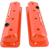 Slant-Edge Tall Cast Aluminum Valve Covers for 1987-Pre LS Small Block Chevy [Orange, Raised Milled Emblem] - image 4