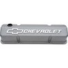 Die-Cast Slant-Edge Valve Covers for 1958-1986 Small Block Chevy with Chevrolet/Bowtie Raised Emblem in Cast Gray Crinkle Finish - image 2