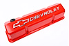 Die-Cast Slant-Edge Valve Covers for 1958-1986 Small Block Chevy with Chevrolet/Bowtie Raised Emblem in Red Finish - image 1