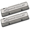 Die-Cast Slant-Edge Valve Covers for 1958-1986 Small Block Chevy with Chevrolet/Bowtie Raised Emblem in Natural As-Cast Finish