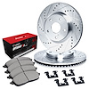 E-Line Drilled & Slotted Silver Brake Rotor Set w/Optimum OE Pads & Hardware, 2016-2017 Kia/Hyundai/Genesis, Position: Front - image 1