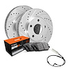 E-Line Drilled & Slotted Silver Brake Rotor Set w/Super-Duty Pads & Sensor, 2002-2006 Fits Multiple Makes/Models - image 1