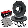 E-Line Drilled & Slotted Black Brake Rotor Set w/Optimum OE Pads & Hardware, 1986-1986 Infiniti/Nissan, Position: Front - image 1