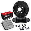 E-Line Drilled & Slotted Black Brake Rotor Set w/Optimum OE Pads & Hardware, 1983-1985 Audi/Porsche/Volkswagen, Position: Front - image 1